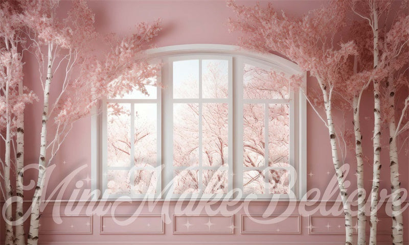 Kate Winter Christmas Pink Room Backdrop Window Birch Trees Designed by Mini MakeBelieve