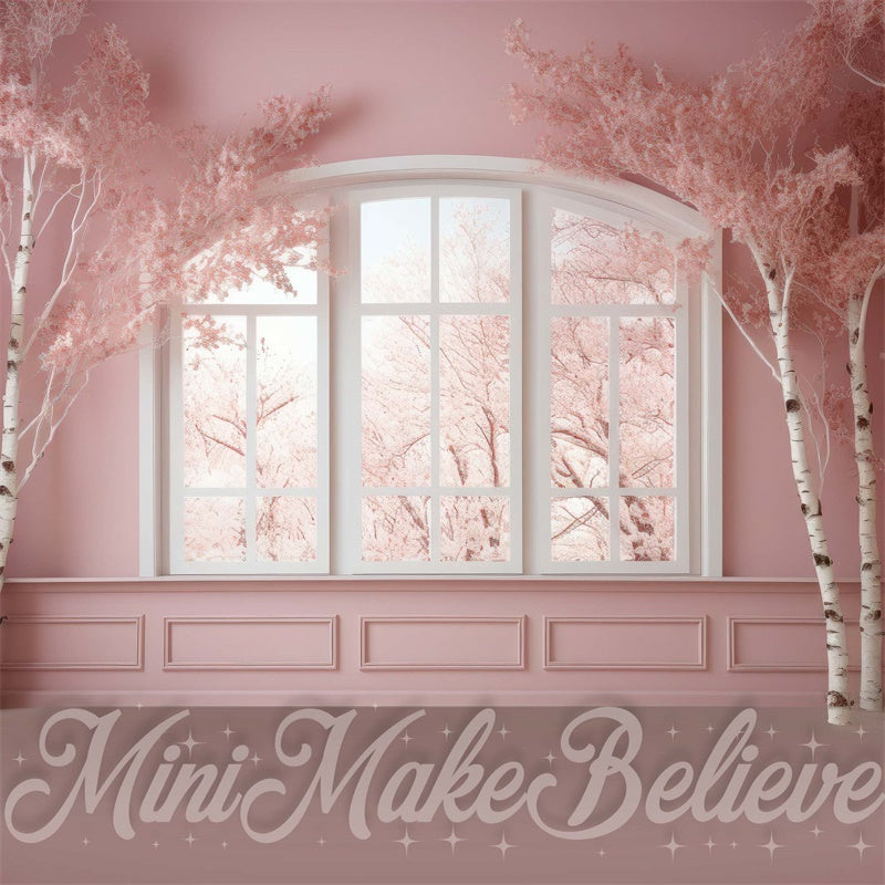 Kate Winter Christmas Pink Room Backdrop Window Birch Trees Designed by Mini MakeBelieve