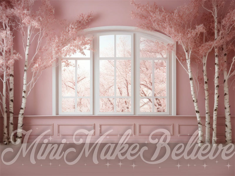 Kate Winter Christmas Pink Room Backdrop Window Birch Trees Designed by Mini MakeBelieve