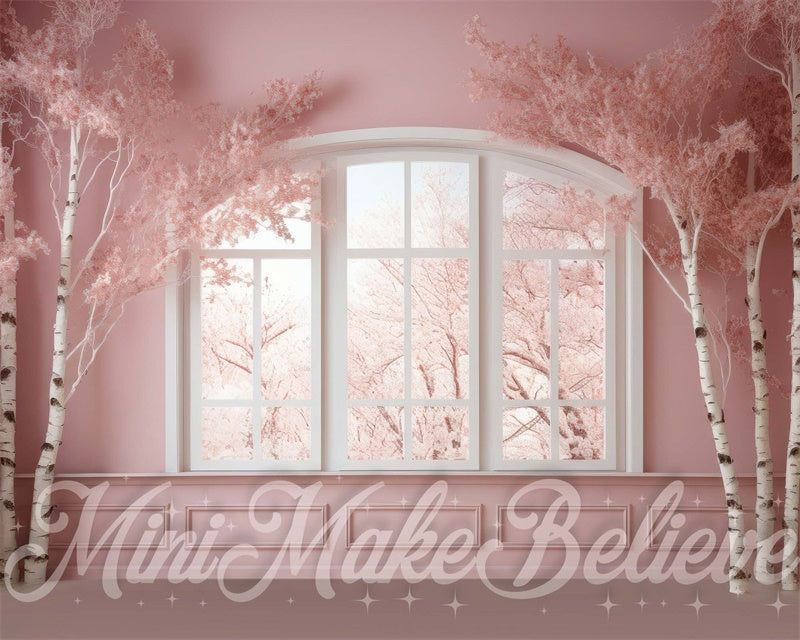 Kate Winter Christmas Pink Room Backdrop Window Birch Trees Designed by Mini MakeBelieve