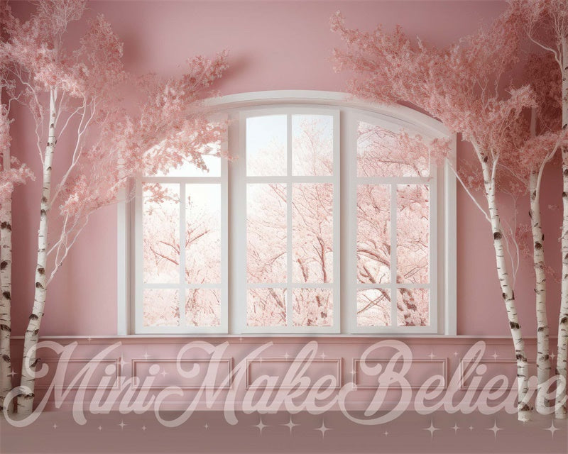 Kate Winter Christmas Pink Room Backdrop Window Birch Trees Designed by Mini MakeBelieve - Kate Backdrop AU