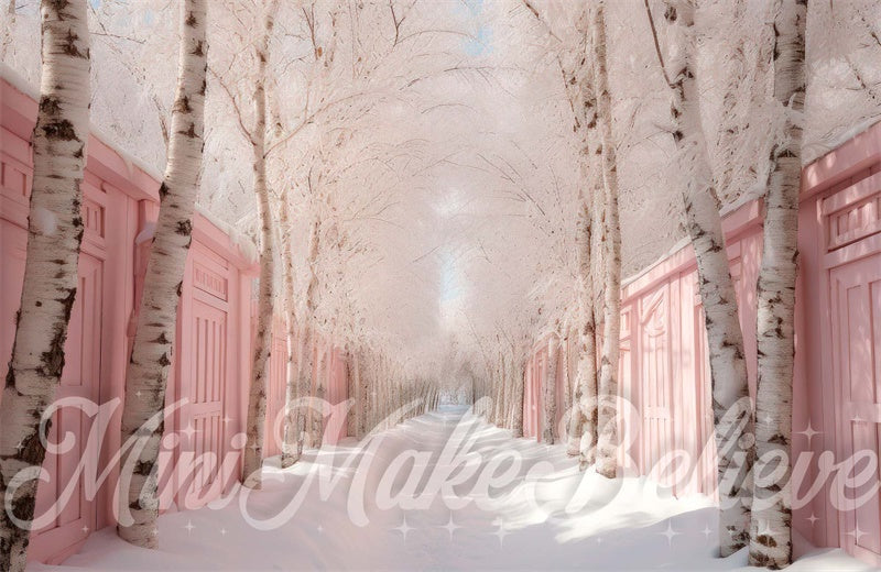 Kate Winter Christmas Backdrop Pink Row of Birch Trees Snow Designed by Mini MakeBelieve