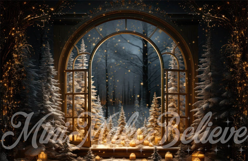 Kate Winter Christmas Tree Backdrop Window Snow Night Designed by Mini MakeBelieve