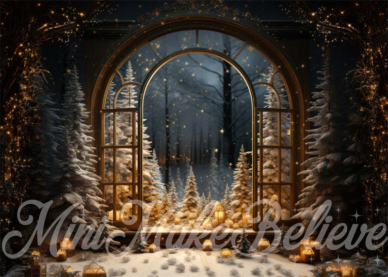 Kate Winter Christmas Tree Backdrop Window Snow Night Designed by Mini MakeBelieve