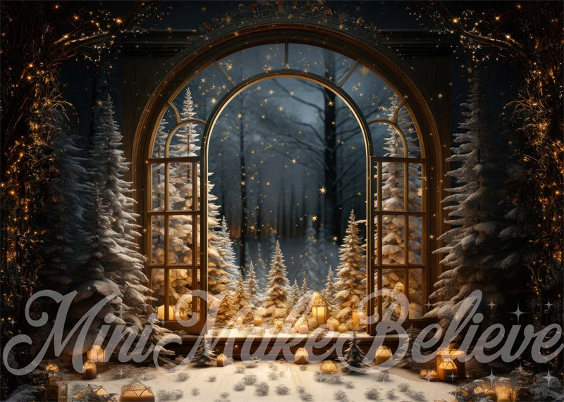 Kate Winter Christmas Tree Backdrop Window Snow Night Designed by Mini MakeBelieve - Kate Backdrop AU