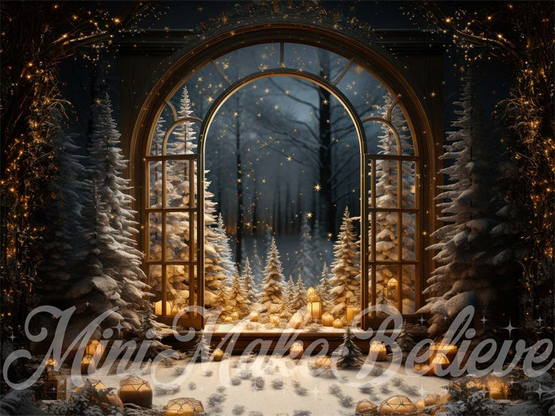 Kate Winter Christmas Tree Backdrop Window Snow Night Designed by Mini MakeBelieve