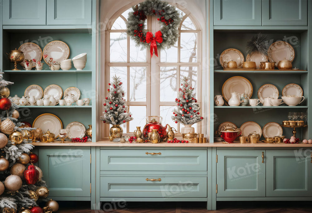 Kate Christmas Green Kitchen Backdrop for Photography - Kate Backdrop AU