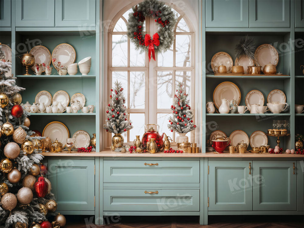 Kate Christmas Green Kitchen Backdrop for Photography - Kate Backdrop AU