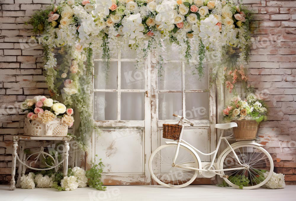 Kate Spring Floral White Old Door Bicycle Backdrop Designed by Emetselch - Kate Backdrop AU