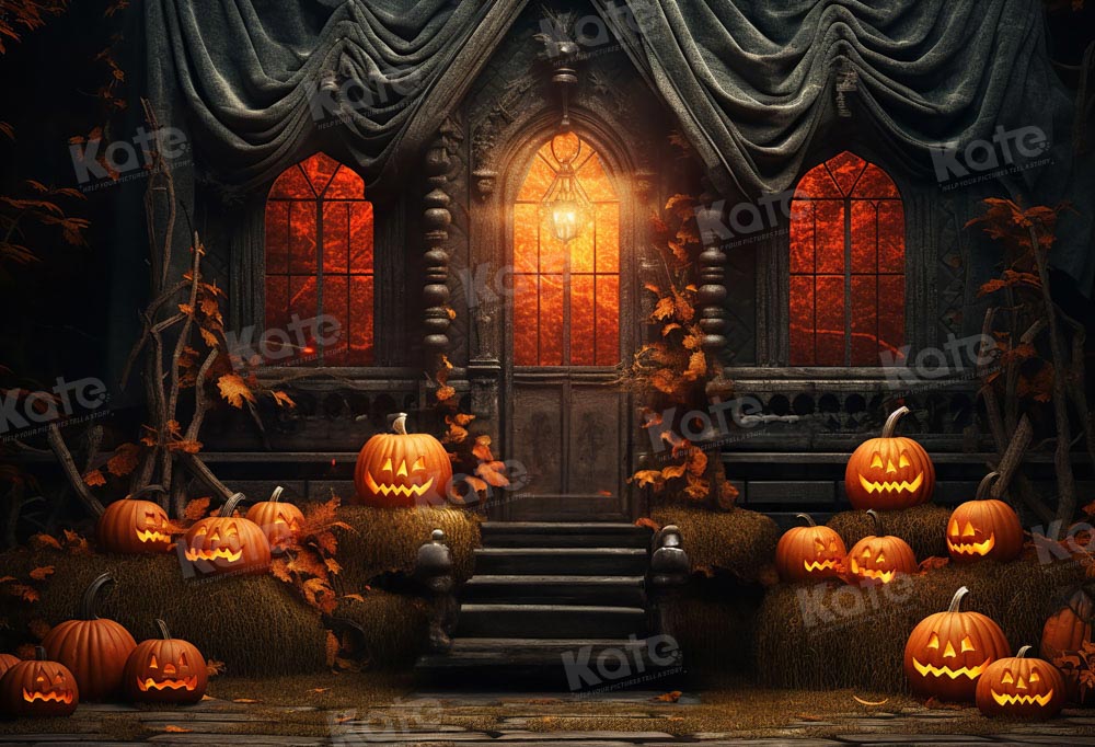 Kate Halloween Sunset Spooky Pumpkin House Backdrop for Photography - Kate Backdrop AU