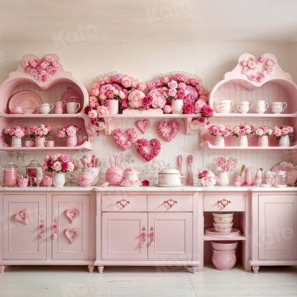 Kate Valentine's Day Pink Rose Floral Kitchen Backdrop Designed by Emetselch