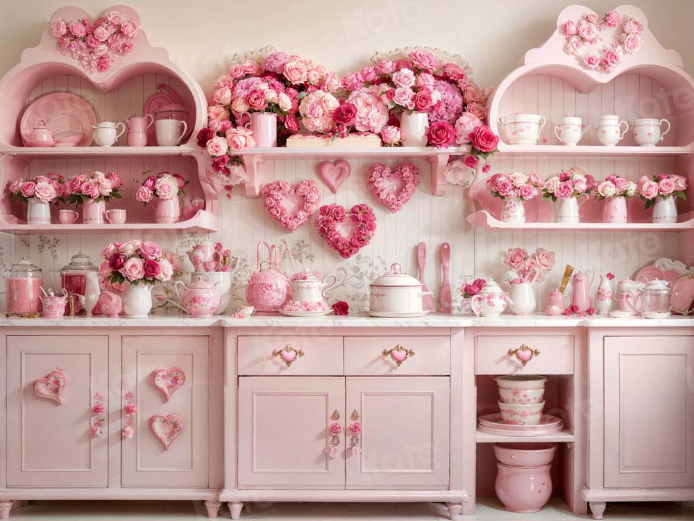 Kate Valentine's Day Pink Rose Floral Kitchen Backdrop Designed by Emetselch