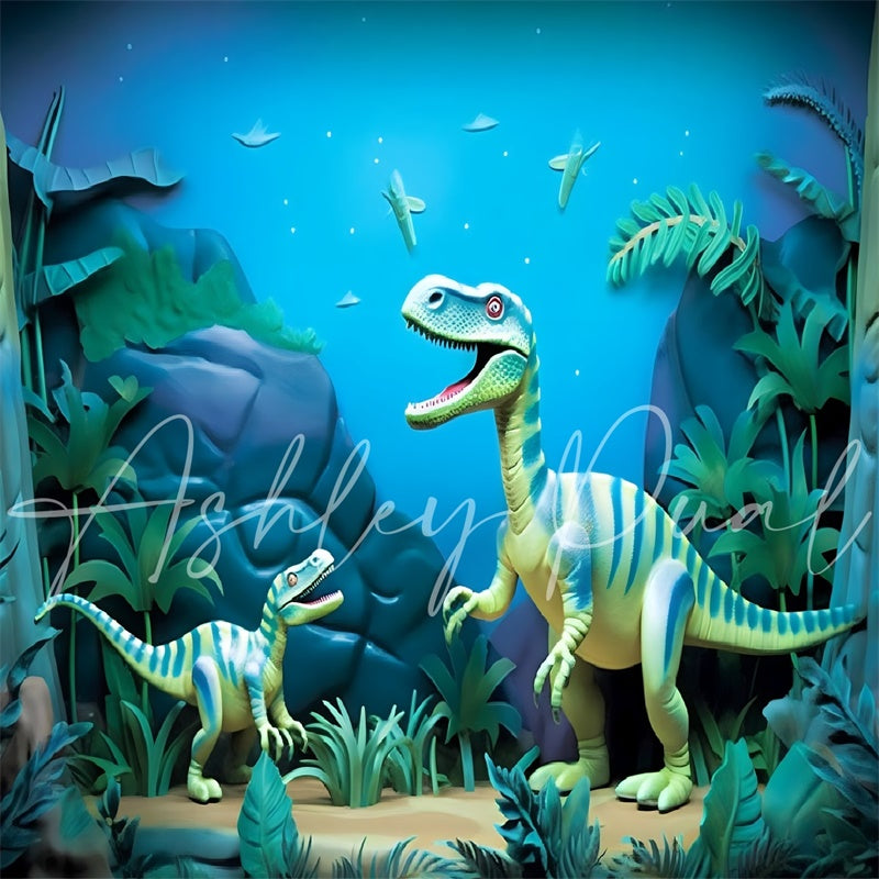 Kate Blue Cartoon Dinosaur Adventure Backdrop Designed by Ashley Paul