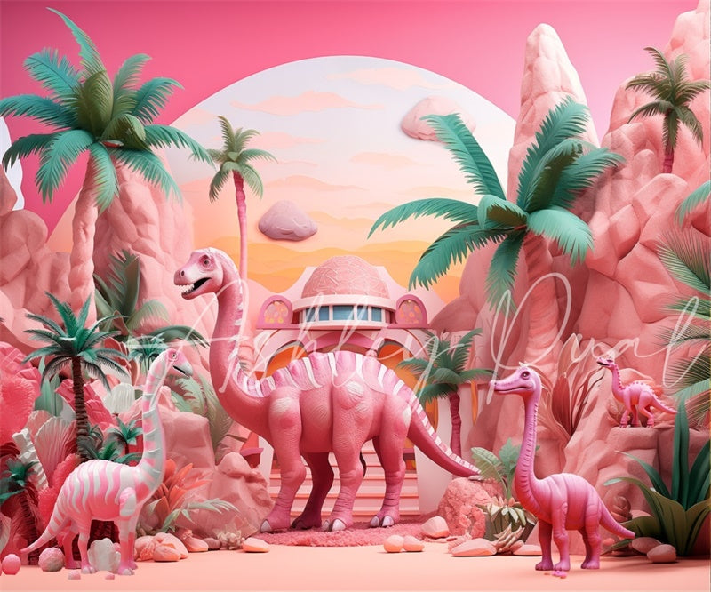 Kate Pink Dinosaur Tropical Backdrop Designed by Ashley Paul - Kate Backdrop AU