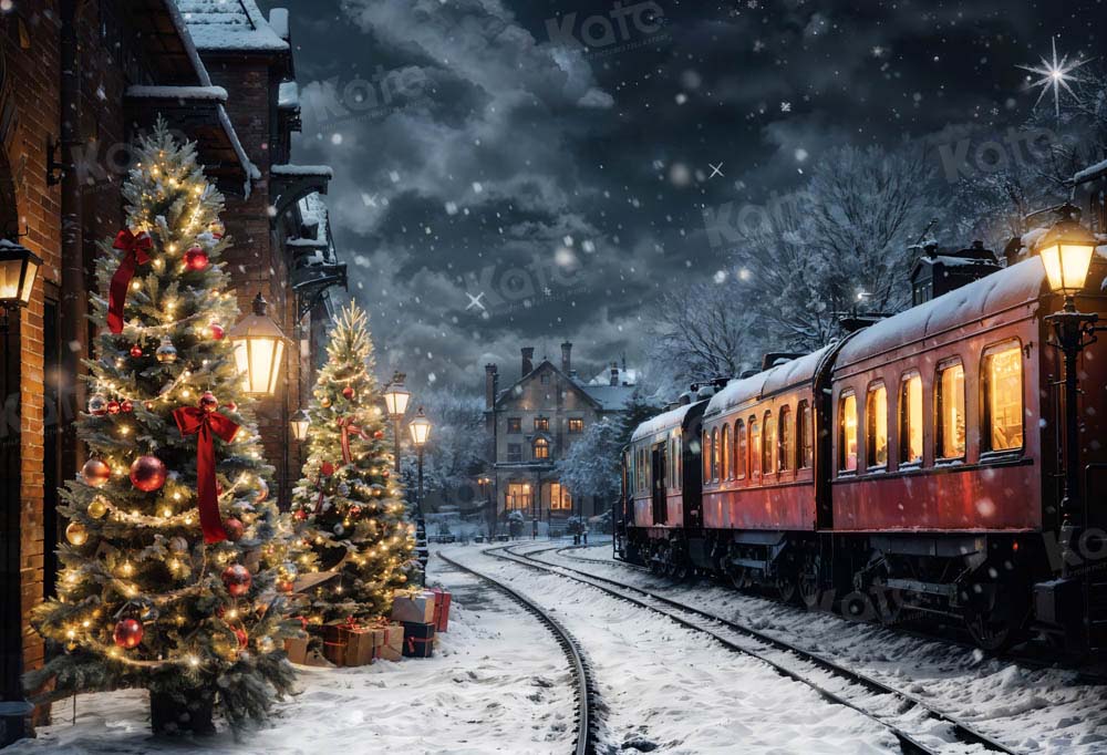 Kate Winter Christmas Tree Train Backdrop Designed by Emetselch - Kate Backdrop AU