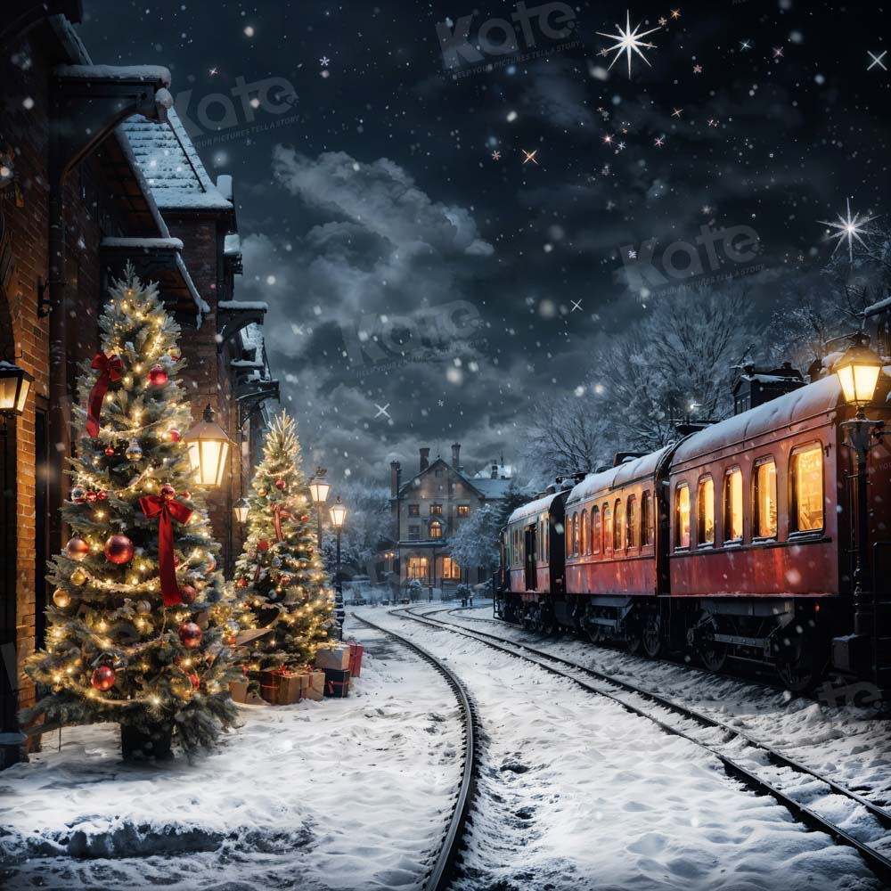Kate Winter Christmas Tree Train Backdrop Designed by Emetselch - Kate Backdrop AU