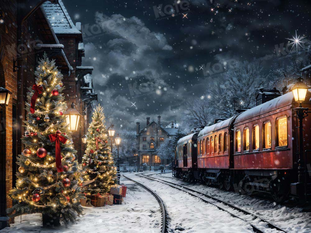 Kate Winter Christmas Tree Train Backdrop Designed by Emetselch - Kate Backdrop AU