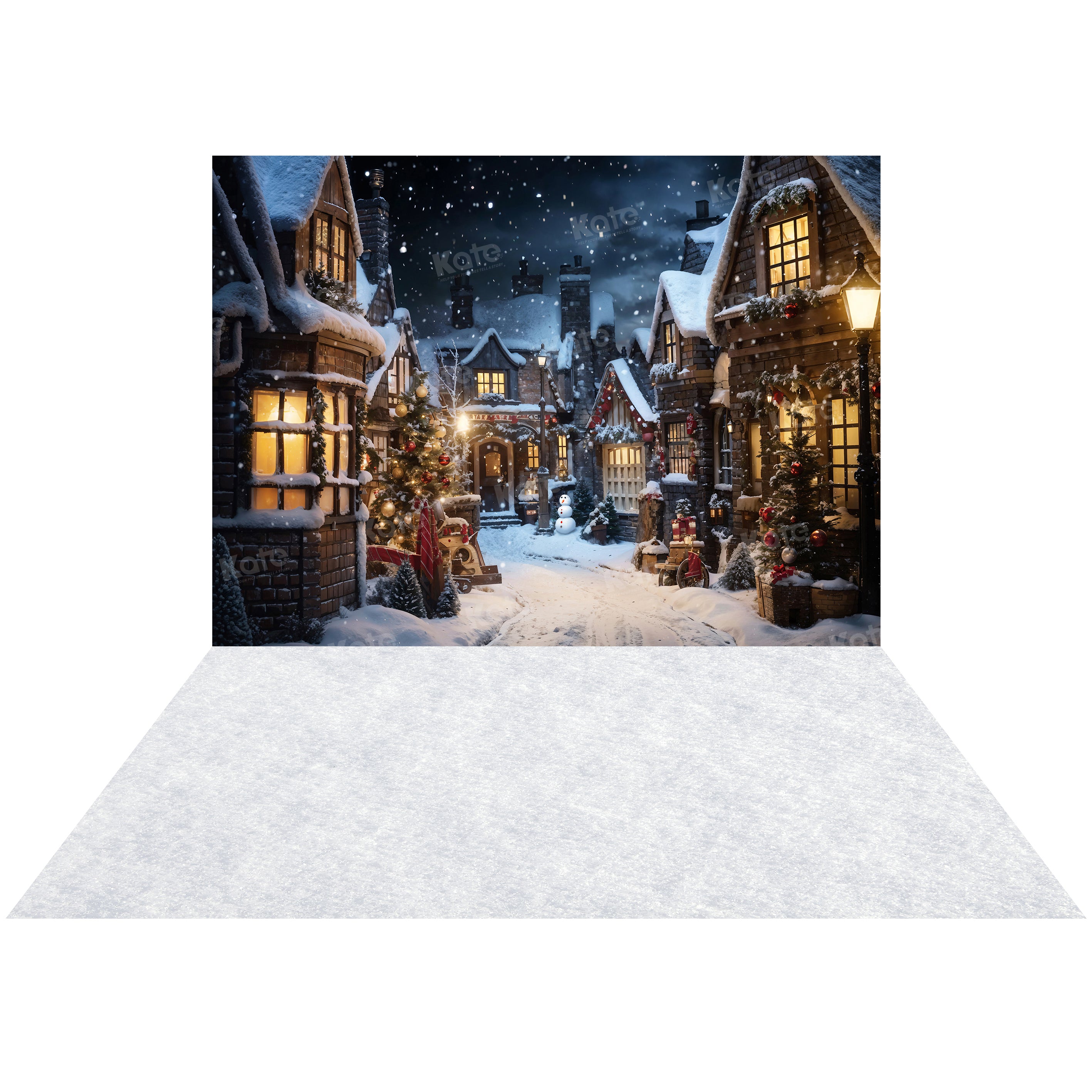 Kate Christmas Snowy Street in Night Backdrop+Snow Floor Backdrop for Photography