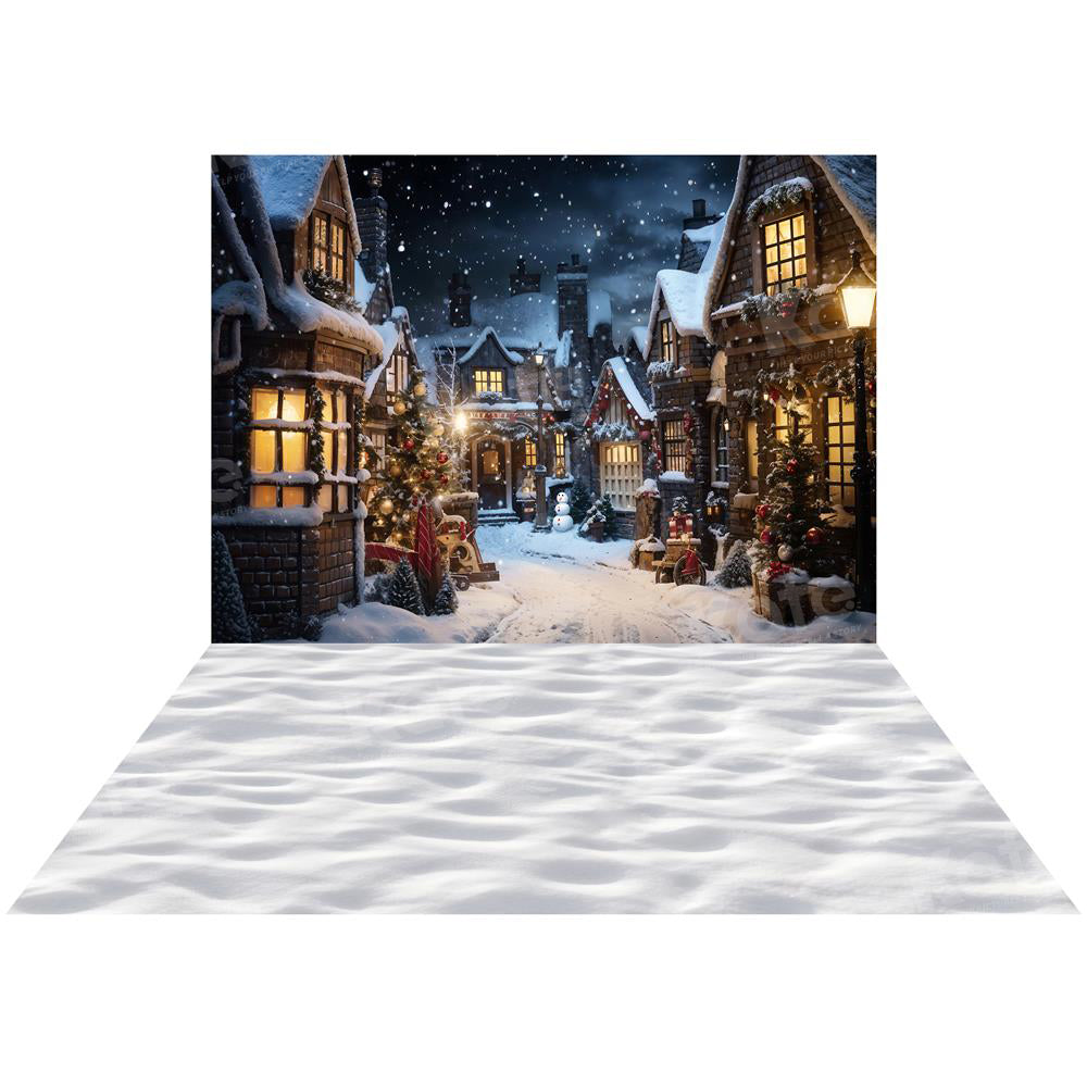 Kate Christmas Snowy Street in Night Backdrop+Snow Rubber Floor Mat for Photography
