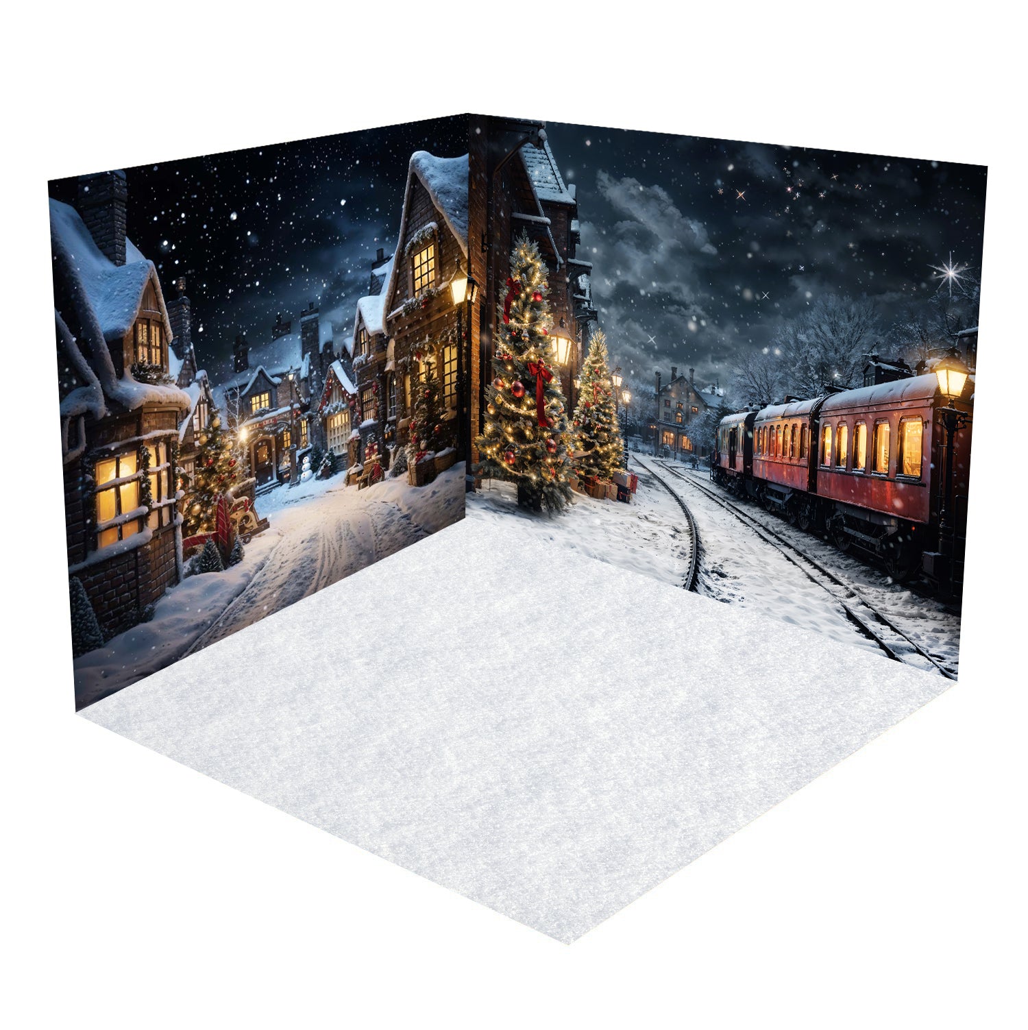 Kate Christmas Snowy Street in Night Train Room Set(8ftx8ft&10ftx8ft&8ftx10ft)