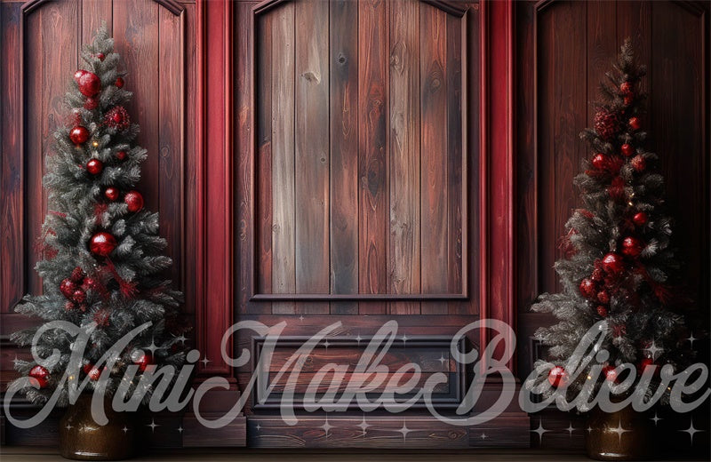 Kate Winter Christmas Red Wood Wall Trees Backdrop Designed by Mini MakeBelieve