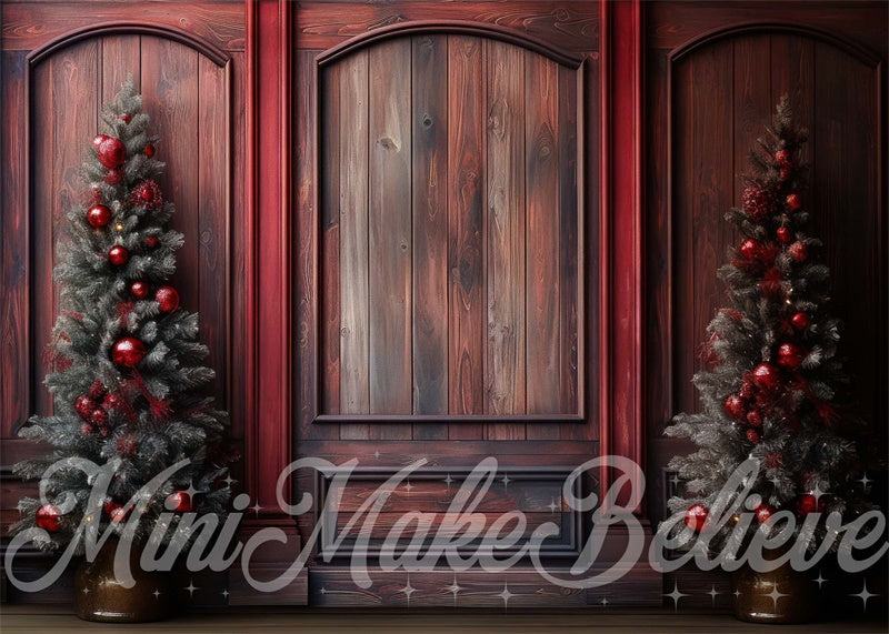 Kate Winter Christmas Red Wood Wall Trees Backdrop Designed by Mini MakeBelieve