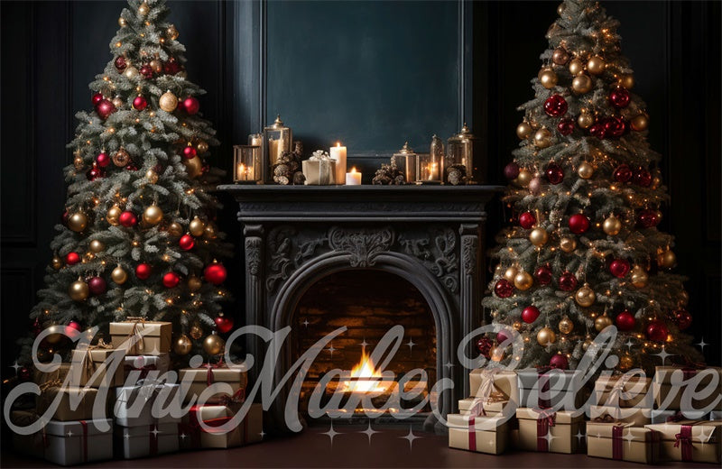 Kate Luxury Navy Winter Christmas Backdrop Fireplace Trees Designed by Mini MakeBelieve