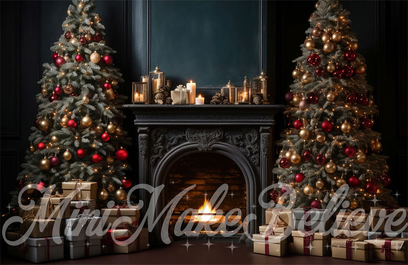 Kate Luxury Navy Winter Christmas Backdrop Fireplace Trees Designed by Mini MakeBelieve - Kate Backdrop AU