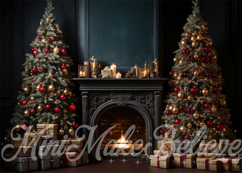 Kate Luxury Navy Winter Christmas Backdrop Fireplace Trees Designed by Mini MakeBelieve