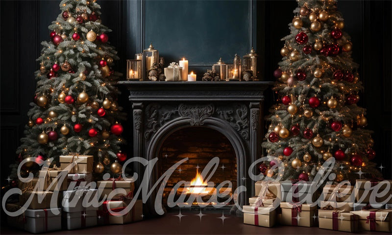 Kate Luxury Navy Winter Christmas Backdrop Fireplace Trees Designed by Mini MakeBelieve - Kate Backdrop AU