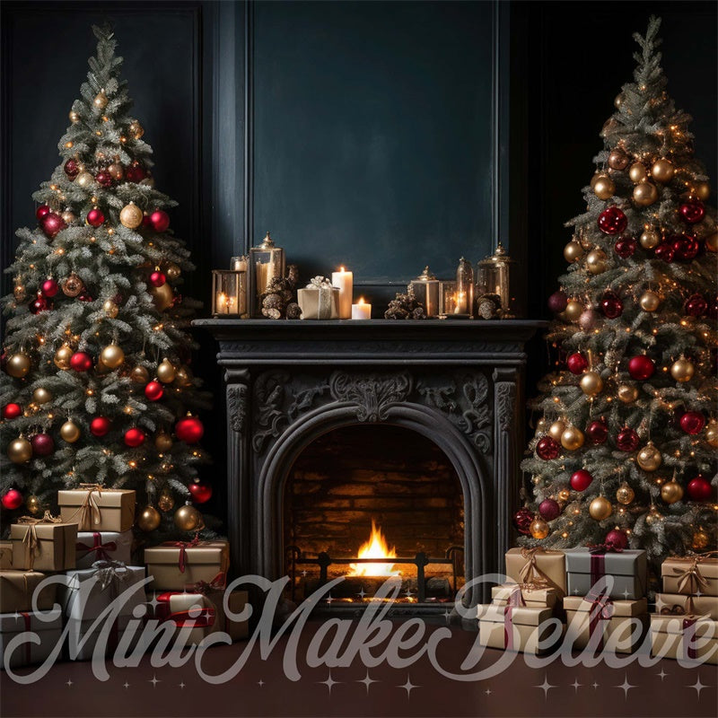 Kate Luxury Navy Winter Christmas Backdrop Fireplace Trees Designed by Mini MakeBelieve - Kate Backdrop AU