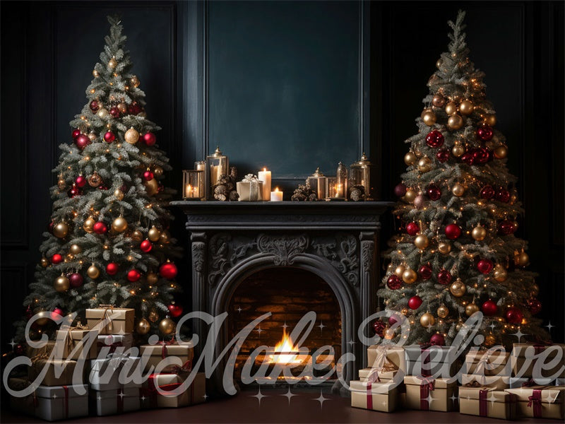 Kate Luxury Navy Winter Christmas Backdrop Fireplace Trees Designed by Mini MakeBelieve - Kate Backdrop AU
