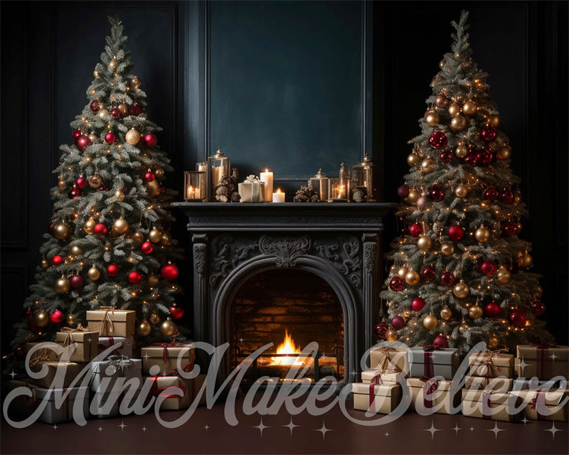 Kate Luxury Navy Winter Christmas Backdrop Fireplace Trees Designed by Mini MakeBelieve - Kate Backdrop AU