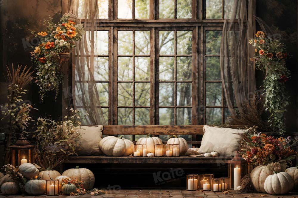 Kate Autumn/Fall White Pumpkin Retro Window Room Backdrop Designed by Emetselch - Kate Backdrop AU