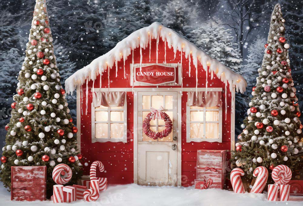Kate Christmas Tree Candy House Backdrop Snowy Night Designed by Chain Photography