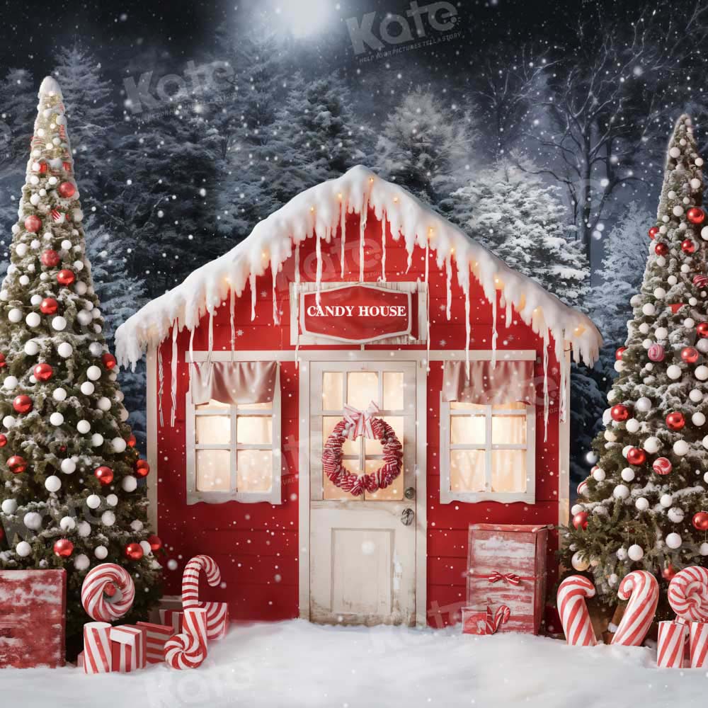 Kate Christmas Tree Candy House Backdrop Snowy Night Designed by Chain Photography