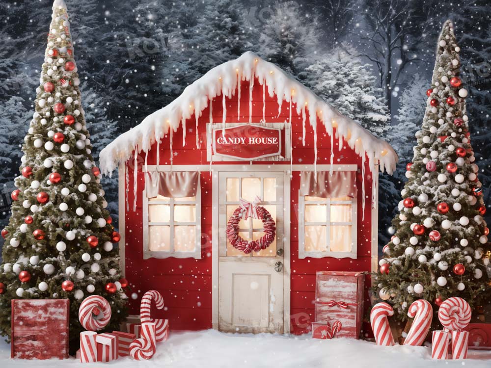 Kate Christmas Tree Candy House Backdrop Snowy Night Designed by Chain Photography