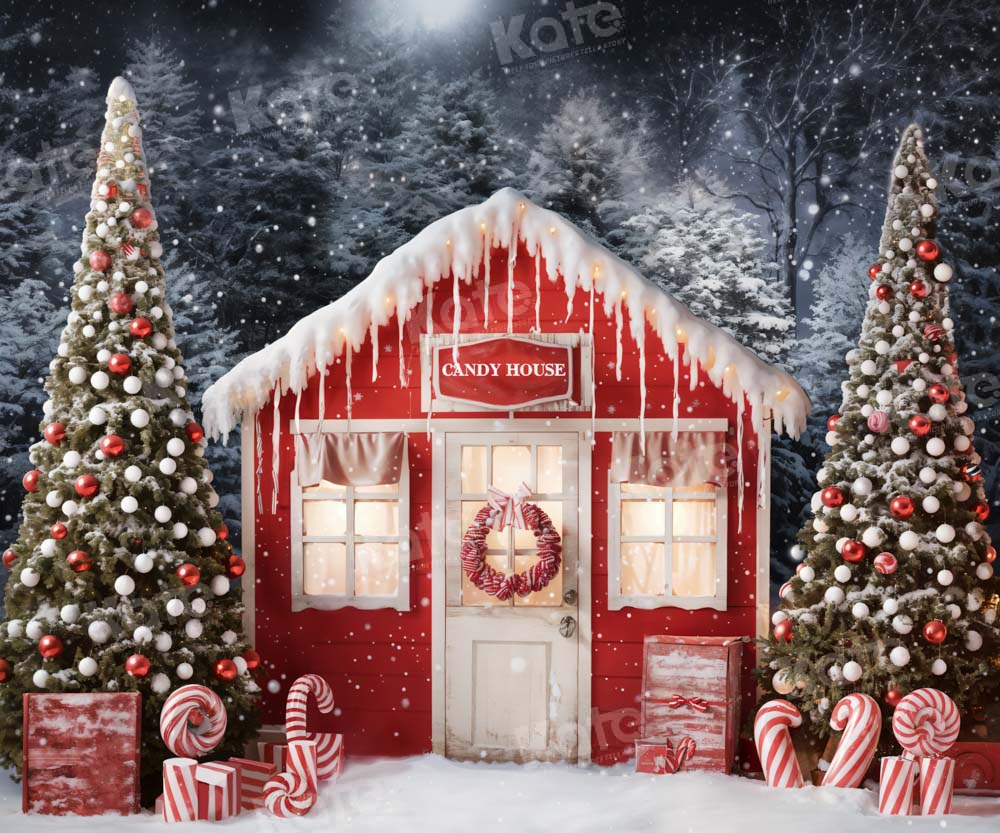 Kate Christmas Tree Candy House Backdrop Snowy Night Designed by Chain Photography