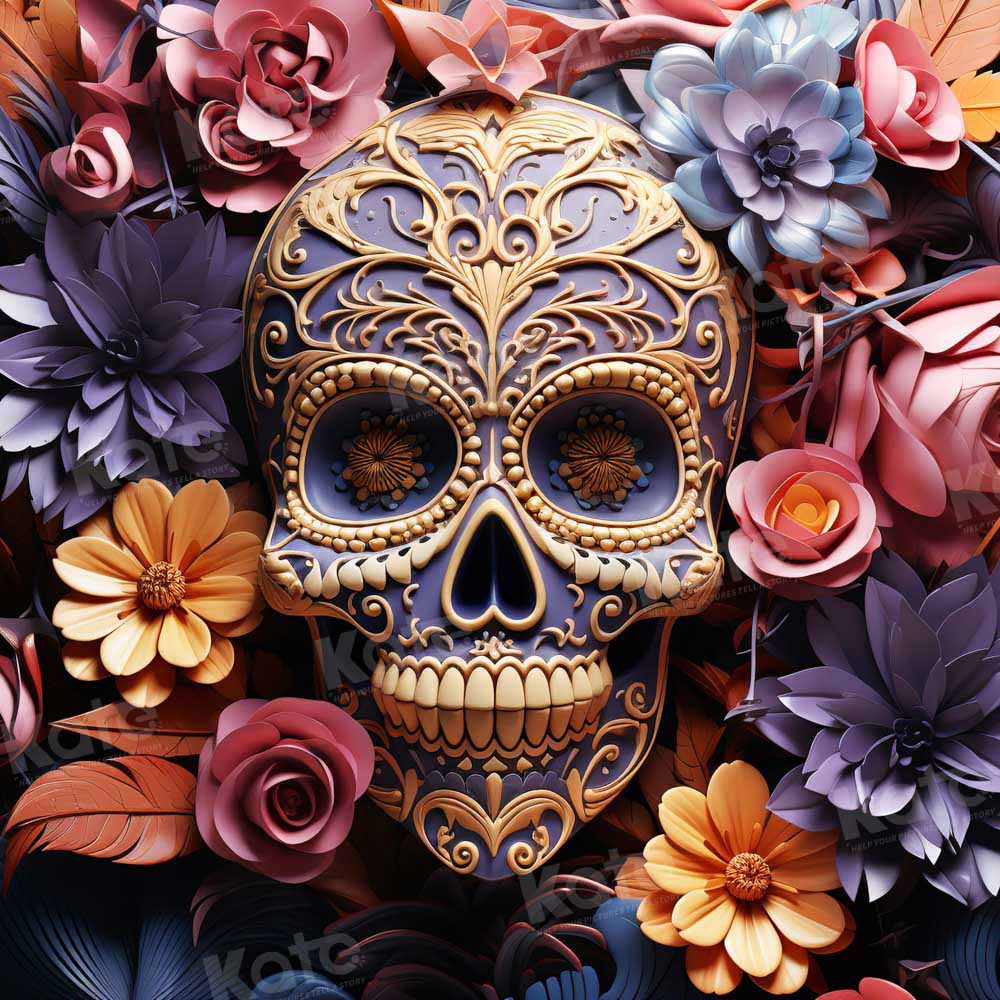 Kate Halloween Colorful Flower Skull Backdrop Designed by Chain Photography