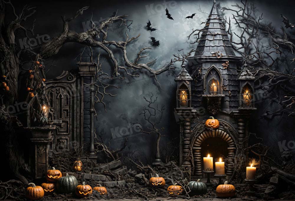 Kate Halloween Dark Bat Candle Pumpkin Castle Backdrop Designed by Chain Photography