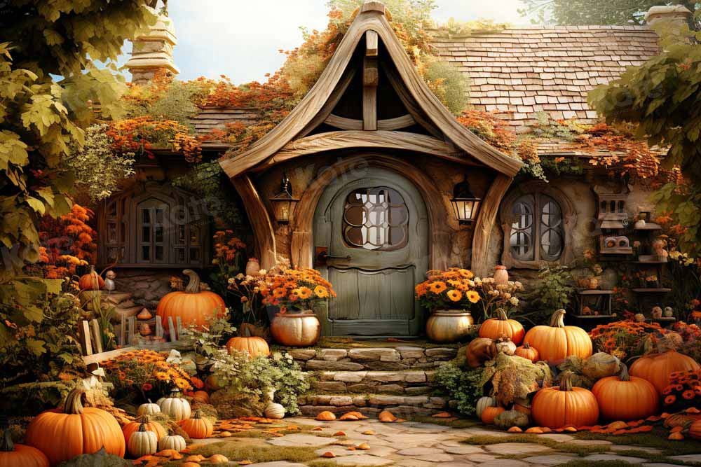 Kate Golden Autumn Pumpkin House Backdrop for Photography