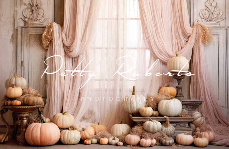 Kate Pink Curtain Pumpkin Autumn Birthday Backdrop Designed by Patty Roberts