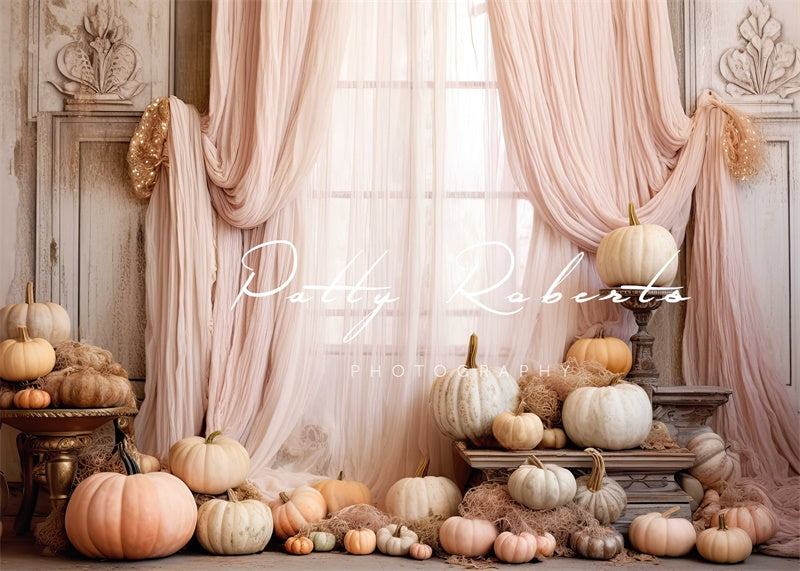 Kate Pink Curtain Pumpkin Autumn Birthday Backdrop Designed by Patty Roberts