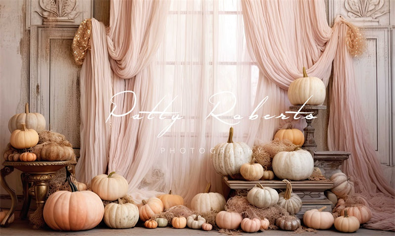 Kate Pink Curtain Pumpkin Autumn Birthday Backdrop Designed by Patty Roberts