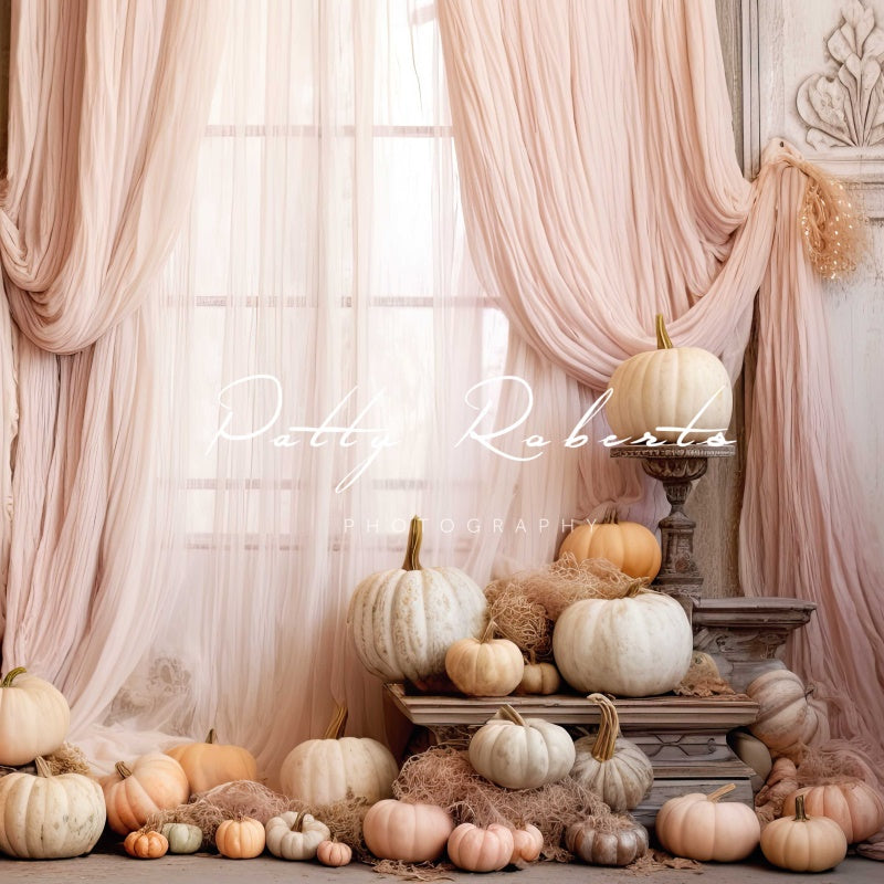 Kate Pink Curtain Pumpkin Autumn Birthday Backdrop Designed by Patty Roberts