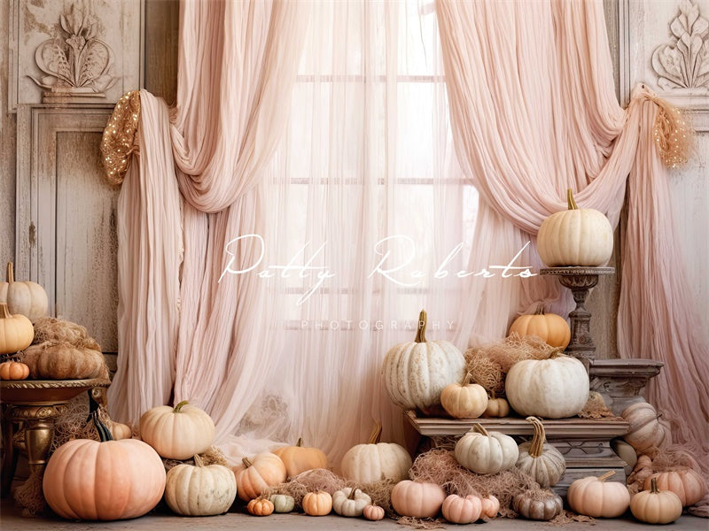 Kate Pink Curtain Pumpkin Autumn Birthday Backdrop Designed by Patty Roberts