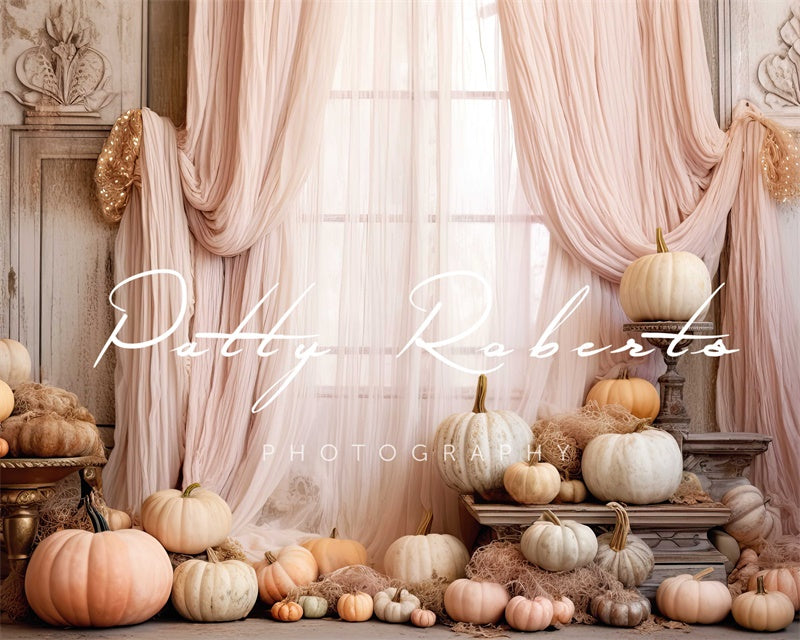 Kate Pink Curtain Pumpkin Autumn Birthday Backdrop Designed by Patty Roberts