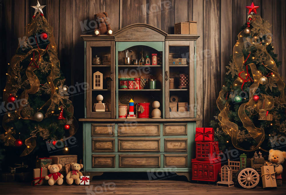 Kate Christmas Tree Bear Bookshelf Backdrop for Photography - Kate Backdrop AU