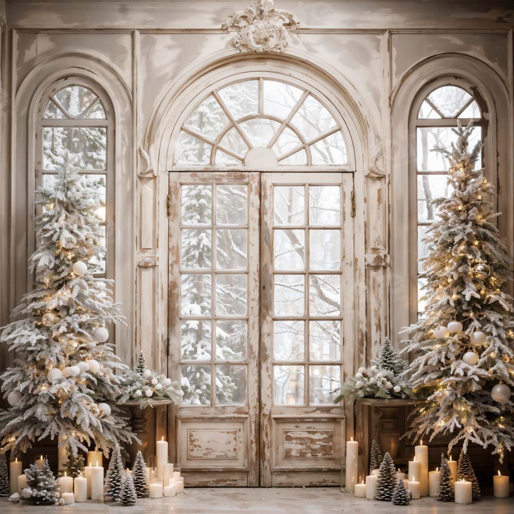Kate Christmas Tree Retro Door Snow Backdrop Designed by Emetselch - Kate Backdrop AU