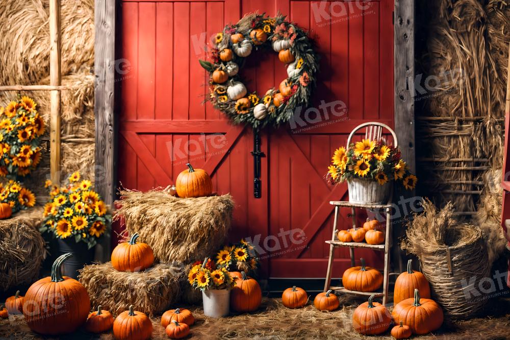Kate Autumn Backdrop Pumpkins Red Barn Door Sunflowers for Photography